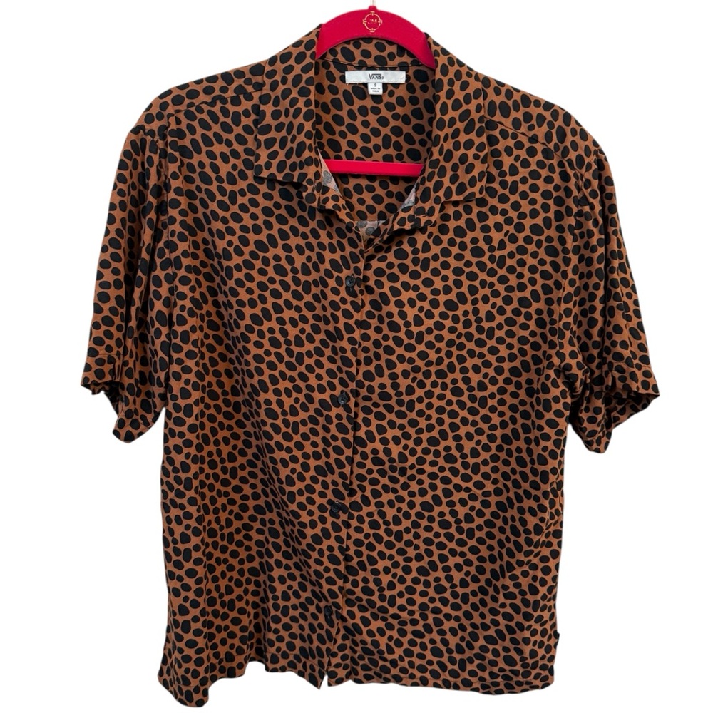 Vans Women’s Button Down‎ Shirt Brown Black Sz S Polka Dot Short Sleeve Blouse